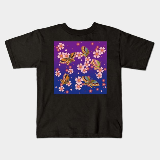 Japanese Butterflies Amid Sakura Blossoms (Blue & Purple) Kids T-Shirt by Mozartini